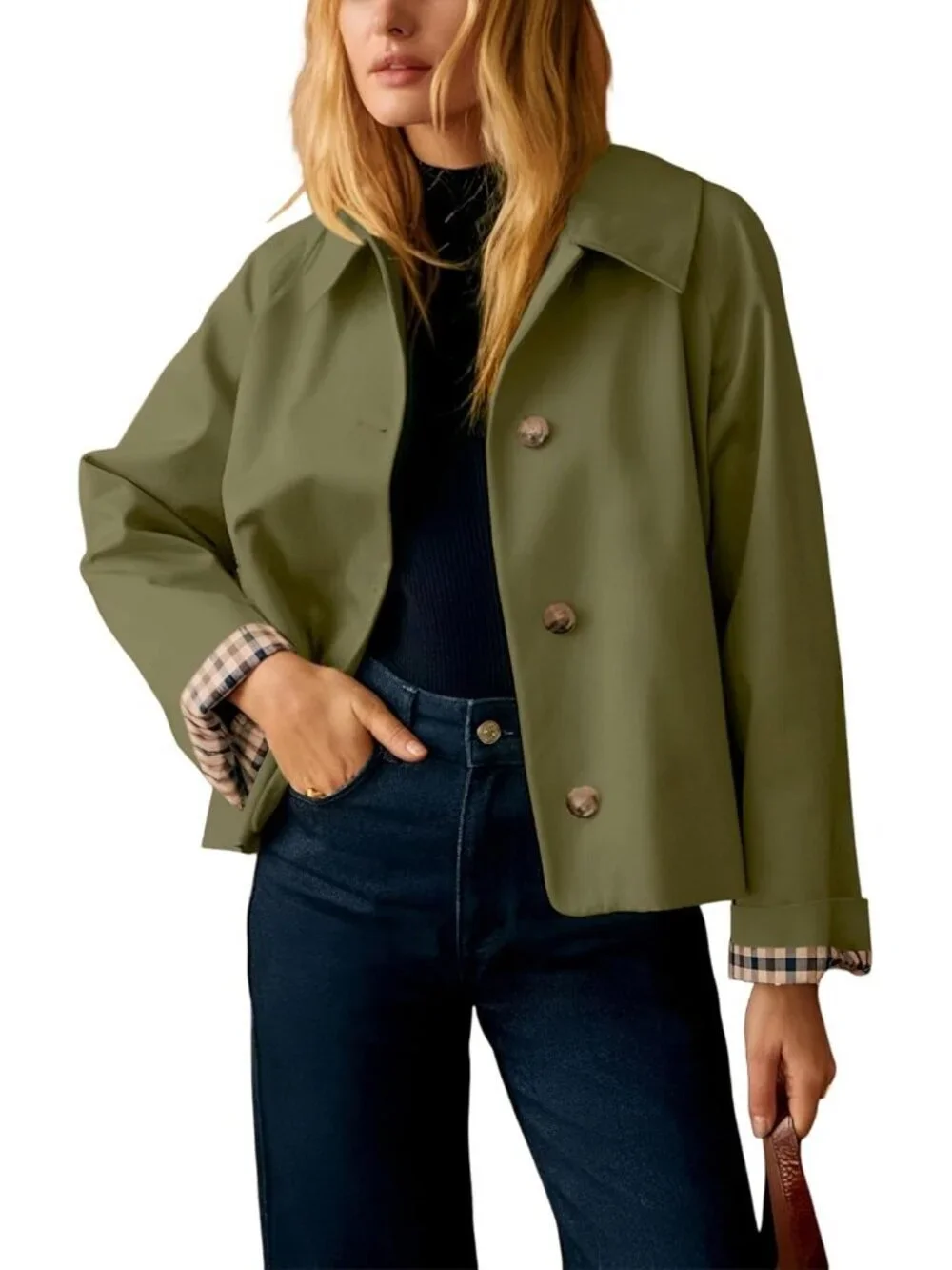 Women's Short Trench Jacket Plaid Lining Button Front with Pockets Olive Green